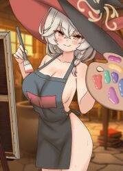 apron blue_archive blush book book_stack bow bowtie braid breasts canvas_(object) earrings eri_(blue_archive) halo hat holding holding_brush jewelry long_hair naked_apron nude orange_eyes paint_palette paintbrush room sideboob sweat white_hair wild_hunt_academy_of_arts window witch_hat