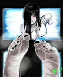 1girls dirty_feet female foot_fetish foot_focus ghost ghost_girl phones sadako_yamamura smelly_feet soles soles_fetish steamy_feet television the_ring toes_scrunch you_chuan