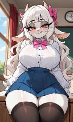 1girls ai_generated amber_eyes anthro big_ass big_breasts blush caprine female freckles goat_girl huge_breasts large_ass large_breasts licking_lips looking_at_viewer school_uniform thick_thighs tongue tongue_out white_hair