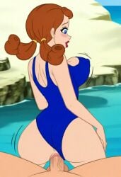 ai_generated big_breasts big_penis blue_eyes brown_hair cleavage dorothy_gale looking_at_viewer one-piece_swimsuit penis penis_in_pussy smiling solo standing the_wizard_of_oz twintails vaginal_penetration