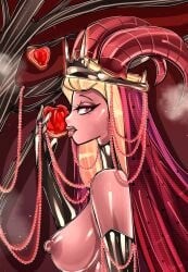 apple bitterbunz blonde_hair blush breasts clothed clothes clothing demon_girl demon_horns female female_only hair hazbin_hotel horns lilith_morningstar_(hazbin_hotel) mature mature_female milf nipples open_mouth partially_clothed pussy solo tongue tongue_out