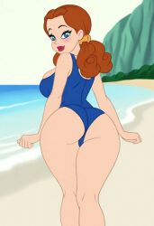 ai_generated ass big_breasts blue_eyes breasts brown_hair dat_ass dorothy_gale female from_behind looking_at_viewer looking_back one-piece_swimsuit smiling solo standing the_wizard_of_oz twintails