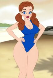 ai_generated big_breasts blue_eyes breasts brown_hair cleavage dorothy_gale female looking_at_viewer one-piece_swimsuit smiling solo standing the_wizard_of_oz twintails