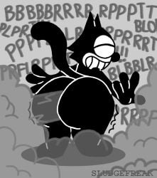 anthro bedroom_eyes big_ass big_butt black_body black_eyes black_fur black_nose black_tail bottom_heavy bottom_heavy_male cartoony cat_tail closed_eyes fart fart_cloud fart_everywhere fart_fetish farting farts feline felix_the_cat felix_the_cat_(series) gas_cloud huge_ass huge_butt huge_fart large_ass large_butt male male_fart male_farting male_only mammal nude sludgefreak smug smug_face smug_grin smug_smile tail thick_ass thick_thighs toony universal_studios