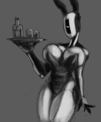 alcohol bunny_ears bunnysuit female glados glados_(humanoid) greyscale large_breasts no_background no_mouth polygonalfish portal_(series) robot robot_girl serving_tray sketch solo solo_female