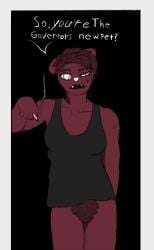 anthro artificer_(rain_world) asymmetrical_face black_background bottomless cigarette clitoris clothed clothing dialogue disability disfiguration doorframe drugs ears_down female fur genitals hair kcdodger pivoted_ears pubes pussy rain_world red_body red_fur red_hair scar shirt simple_background solo tank_top teeth thigh_up topwear videocult white_eyes white_sclera
