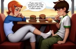 1boy1girl ai_generated ben_10 ben_tennyson footjob gwen_tennyson incest public_sex under_table_footjob