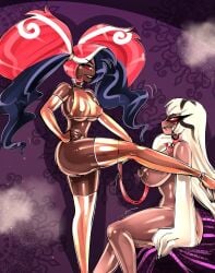 2demons 2girls ass big_ass big_breasts big_butt bitterbunz breasts carmilla_carmine demon_girl dominant dominant_female domination ebony erect_nipples female femdom femsub hazbin_hotel leash long_hair multiple_girls nipples nipples_bulge nude open_smile partially_clothed red_eyes red_hair shiny short_hair smile submissive_female teeth thick_thighs thighs twintails velmilla velvette vivienne_medrano white_hair younger_dom_older_sub