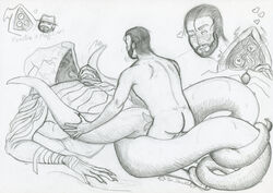 2020 2boys absurd_res ass bandage beard blush claws eldritch_horror hastur_the_feaster_(identity_v) heart-shaped_pupils hood huge_hips human identity_v male male_only male_penetrating missionary_position monochrome monster servais_le_roy_(identity_v) sirmaxwell size_difference small_dom_big_sub sweat tears tentacle traditional_media_(artwork) unusual_genitalia