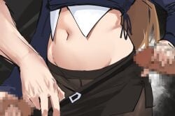 2boys belt black_skirt blue_shirt brown_hair brown_pantyhose censored clothes_pull crop_top double_handjob elina_(pinepin) female handjob highres long_hair long_sleeves lower_body male midriff miniskirt mosaic_censoring multiple_boys navel original pantyhose pencil_skirt penis pinepin shirt side-tie_shirt skirt skirt_pull solo_focus stomach stomach_focus undershirt white_shirt