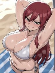 ai_generated armpit_fetish armpits arms_behind_head arms_up beach beach_towel bikini bikini_bottom bikini_top cleavage erza_scarlet fairy_tail hair_between_eyes large_breasts licking_lips lips long_hair looking_at_viewer red_hair seductive seductive_look side-tie_bikini side-tie_bikini_bottom sideboob steam steaming_body sweat sweatdrop voluptuous voluptuous_female white_bikini
