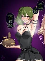 1boy arm_up armlet armpits black_background black_dress breasts clothed_female_nude_male dress english_text female gelatomusume gradient_background green_hair highres holding jewelry masturbation medium_breasts nude penis purple_background short_dress side_ponytail sleeveless sleeveless_dress small_penis sousou_no_frieren speech_bubble ubel_(sousou_no_frieren)