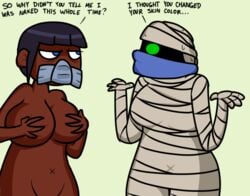 2girls bandage bandit black_hair blue_eyes breasts breasts breasts covering_breasts dark_skin english_text female female_focus female_only gauze green_eyes hips leathericecream mask nuclear_throne nude nude_female rebel_(nuclear_throne) rogue_(nuclear_throne) scarf short_hair shrug shrugging sweating sweating_profusely text thick_thighs thighs waist