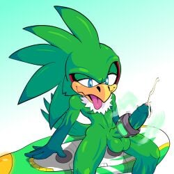 accessory accipitrid accipitriform anthro avian balls beak big_penis bird bodily_fluids chest_tuft cock_ring cum cumshot ejaculation energy erection feathers foreskin genital_fluids genitals green_body green_feathers half-closed_eyes hands-free hi_res hoverboard humanoid_genitalia humanoid_penis jet_the_hawk jewelry looking_pleasured male markings narrowed_eyes nipples nude penis penis_accessory penis_jewelry rakkan sega sitting solo sonic_(series) sonic_riders sonic_the_hedgehog_(series) tail tongue tongue_out tuft vein veiny_penis