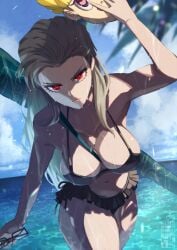 big_breasts bikini black_bikini breasts busty busty_female closed_mouth cloud cowboy_shot curvaceous curvy curvy_body curvy_female curvy_figure curvy_hips danganronpa danganronpa_(series) danganronpa_2:_goodbye_despair day female frilled_bikini frills grey_hair hair_down hair_slicked_back halterneck hand_up highres holding holding_mask holding_removed_eyewear hourglass_figure huge_breasts large_breasts leaning_forward long_hair looking_at_viewer mask no_eyewear ocean palm_tree pekoyama_peko red_eyes serious solo swimsuit teria_(teriarian) tree unworn_eyewear voluptuous voluptuous_female weapon_bag wet
