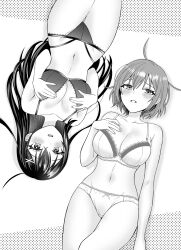 2girls big_breasts black_bra black_hair black_panties blush bra breasts female hands_on_breasts lace lace-trimmed_bra lace-trimmed_panties lace_trim large_breasts lingerie long_hair looking_at_viewer netorare_manga_no_kuzu_otoko_ni_tensei_shita_hazu_ga_heroine_ga_yottekuru_ken panties rindou_shizuna satsuki_shirasagi scantily_clad short_hair sumikaaaz white_bra white_panties