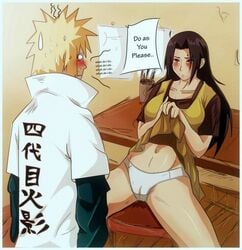 1boy 1boy1girl 1girls bangs black_hair blush cameltoe clothing commentary dress dress_lift dress_shirt female flashing heavy_blush indrockz indy_riquez inviting inviting_to_sex long_hair male milf namikaze_minato naruto naruto_(series) naruto_shippuden nervous panties pussy red_eyes sharingan speech_bubble sweat sweatdrop talking text uchiha_mikoto underwear vagina yellow_hair