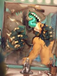 anthro barazoku bathroom benjamin_holt clothing duo electronics extreme_french_kiss felid feline fish french_kissing genitals gloves handjob handwear hi_res kissing lion male male/male mammal marine metal pantherine pecs penile penis phone selfie sex shark sharp_teeth shockjaws size_difference teeth timdoodles tongue tongue_out