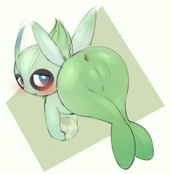 2025 absurd_res anthro anus ass biped blue_eyes blush bodily_fluids celebi colored digital_drawing_(artwork) digital_media_(artwork) egg eye_markings facial_markings female generation_2_pokemon genital_fluids genitals green_body guide_lines head_markings hi_res holding_egg holding_object legendary_pokemon looking_back markings nintendo pokemon pokemon_(species) pokemon_egg pussy rear_view simple_background solo vaginal_fluids wings yirus9