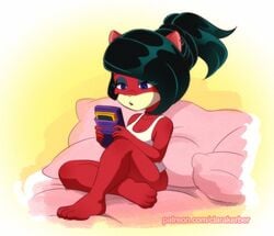 black_hair blue_eyes clarakerber coco_bandicoot crash_(series) electronics evil furry_ears game_console game_system gameboy handheld_game_console pantless red_fur relaxing sitting