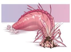 1girls 2024 3_fingers 4_arms antennae_(anatomy) arthropod artist_name blush bodily_fluids breasts brown_hair colored egg egg_from_ovipositor egg_laying eyewear female female_only fingers glasses gradient_background humanoid insect_legs insect_wings insects matriarch_queen multi_arm multi_limb naked nipples non-mammal_breasts nude open_mouth simple_background solo strawberrytfs text white_background wings