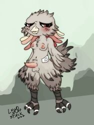 2024 anthro avian balls beak bird blush breasts digital_media_(artwork) erection feathered_wings feathers feet female futanari genitals grey_body grey_feathers gynomorph hi_res insulin_patch intersex lewdstuffstack looking_at_viewer nipples nude penis simple_background solo tail tail_feathers talons text toes trans_(lore) wings