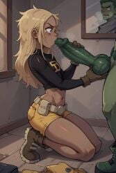 1boy ai_generated athletic_female beast_boy belt black_top blonde_hair blue_eyes boots comic_page drool drooling female gloves green_penis kissing_penis kissing_the_tip kneeling knotted_penis long_sleeves looking_down_at_penis oral oral_sex penis petite scared_expression shorts stable_diffusion tagme tara_markov tears teen_titans terra terra_(dc) training yellow_shorts
