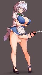 absurdres apron bat_wings blue_eyes bow bowtie braid breasts cleavage covered_nipples crossed_arms cum frilled_skirt frills futanari green_bow green_bowtie grey_hair high_heels highres izayoi_sakuya large_breasts looking_down maid maid_apron maid_headdress miniskirt penis peso_(cheese_company) skirt smile testicles touhou twin_braids waist_apron wings wrist_cuffs