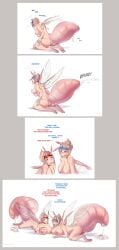 2021 4_breasts 4_nipples antennae_(anatomy) anus areola arthropod_abdomen big_breasts blush bodily_fluids breasts colored comic dialogue duo egg egg_from_ovipositor english_text female genital_fluids genitals hair hi_res highlights_(coloring) insect_wings kneeling lying matriarch_queen multi_breast multi_nipple nipples nude on_front oviposition pussy strawberrytfs text transformation wings