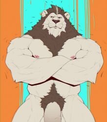anthro balls barazoku body_hair brown_mane chest_hair crossed_arms digital_drawing_(artwork) digital_media_(artwork) ear_piercing ear_ring felid flaccid fur furry genitals happy_trail hi_res humanoid_genitalia humanoid_penis lion male mammal mane mr_nellory muscular muscular_anthro muscular_male nipples nude_anthro nude_male pantherine pecs penis piercing pubes ring_piercing solo thick_thighs white_body white_fur