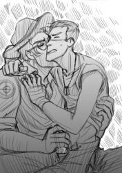 arms_around_neck biting_own_lip clothed darklitria gay handjob iliketobonkitbonkit kissing_neck kissing_while_jerking male male_only on_lap open_pants precum scout_(team_fortress_2) sniper_(team_fortress_2) team_fortress_2 tf2 yaoi