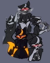 2025 5_fingers anthro areola balls black_body black_fur blush bodily_fluids breasts breath canid canine cum cum_in_mouth cum_inside cum_on_breasts cum_on_face disembodied_balls disembodied_penis eyebrow_through_hair eyebrows female female_anthro fingers fox fur genital_fluids genitals glowing glowing_areola glowing_body glowing_fur glowing_nipples grey_areola grey_body grey_fur grey_nipples hair handjob heart_pupils hi_res holding_balls male mammal mewgle navel nipples nude nude_anthro nude_female orange_areola orange_body orange_eyes orange_fur orange_nipples penile penis purple_eyes sex stretching tail translucent translucent_hair