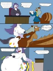 absurd_res anthro ass big_breasts big_butt blue_eyes bodily_fluids breasts brown_body brown_fur comic cum cum_inside desk dirtymac duo female fur furniture genital_fluids gynomorph gynomorph/female hair hi_res hyena impregnation_attempt impregnation_kink impregnation_request inflation inflation intersex intersex/female inverted_nipples mammal nipples purple_eyes purple_hair rodent scarf sciurid table tree_squirrel vore white_body white_fur white_hair