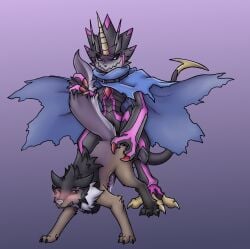 anal anal_sex animal_genitalia animal_penis anthro anthro_on_feral anthro_penetrating anthro_penetrating_feral ass_up bandai_namco black_body black_sclera bodily_fluids canid canine canine_genitalia canine_penis canis cape claws clothing digimon digimon_(species) duo erection feral feral_penetrated genital_fluids genitals gulusgammamon hi_res horn interspecies male male/male male_penetrated male_penetrating male_penetrating_male mammal p.v.su penetration penile penile_penetration penis precum sex stinger_tail wolf zoophilia
