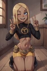 ai_generated athletic_female belt black_top blonde_hair blue_eyes boots comic_page female gloves kneeling long_sleeves peace_sign petite shorts small_breasts stable_diffusion tagme tara_markov teen_titans terra terra_(dc) thigh_gap training wink winking_at_viewer yellow_shorts