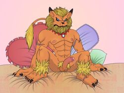 4:3 5_toes abs album angry anthro balls blonde_hair blonde_mane bodily_fluids claws cum cum_drip digimon digimon_(species) dripping felid furry_only genital_fluids genitals hair jewelry leomon lion lips looking_down male male_only mammal mane markings muscular muscular_anthro muscular_male necklace nipples orange_body p.v.su pantherine pillow pubes solo toe_claws toes