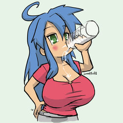 1girls big_breasts blue_hair blush breast_expansion breasts cleavage drinking drinking_milk female female_only green_eyes huge_breasts konata_izumi lucky_star milk milk_on_breasts samutoka solo solo_female