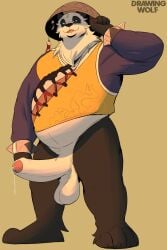 absurd_res anthro asian_clothing asian_conical_hat balls bear belly bodily_fluids bottomless bottomless_anthro bottomless_male chinese_clothing clothed clothing drawinggwolf east_asian_clothing erection foreskin fur genital_fluids genitals giant_panda hat headgear headwear hi_res humanoid_genitalia humanoid_penis male mammal mihoyo multicolored_body multicolored_fur overweight pan_yin_hu penis precum solo zenless_zone_zero