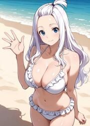 1girls ai_generated beach bikini blue_eyes breasts fairy_tail greeting mirajane_strauss smile solo white_hair