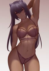 armpits bangs bra breasts cleavage curvy dark-skinned_female dark_skin eyebrows_visible_through_hair female female_only genshin_impact highres keqing_(genshin_impact) large_breasts lingerie looking_at_viewer navel panties partially_clothed purple_eyes purple_hair stomach twintails wide_hips zaki_btw