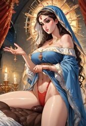 1boy 1girls abs ai_generated bare_shoulders bible blasphemy blue_dress blush bracelet breasts brown_eyes brown_hair candle catholic catholicism christian christianity cleavage clothed_female_nude_male clothes_lift cowgirl_position curtains dark-skinned_male dark_skin divine divine_slut dress dress_lift female female female_focus halo highleg highleg_panties holy iaoabraxassabaothoai212 indoors interracial jewelry large_breasts lips long_hair looking_at_viewer milf navel necklace nude off_shoulder panties parted_lips penis pornification red_panties religion religious religious_clothing religious_inversion saint sitting_on_person solo_focus straddling straight theotokos thighs uncensored underwear virgin_mary wavy_hair wide_sleeves