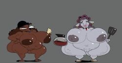 2025 anthro areola ass beanie beverage beware_the_shadowcatcher big_breasts big_butt black_beanie black_clothing black_eyes black_hat black_headwear black_nose blue_lipstick bovid breasts brown_areola brown_body brown_clothing brown_footwear brown_fur brown_hair brown_nipples brown_sandals canid canine canis caprine closed_eyes clothing coffee coffee_pot digital_media_(artwork) domestic_dog duo ear_piercing ear_ring eyebrows eyewear female footwear fur genitals glasses gold_ear_ring grey_areola grey_background grey_ears grey_hair grey_nipples hair half-closed_eyes hand_on_hip hand_on_own_hip hat headgear headwear hi_res holding_coffee_pot holding_notebook holding_object holding_spatula holding_tool huge_breasts huge_butt lipstick long_hair looking_away makeup mammal maude_(bts) narrowed_eyes navel nipples notebook nude piercing pince-nez pose purple_eyewear purple_glasses raised_eyebrow ring_piercing sam_(bts) sandals sheep shoes simple_background smile spatula standing superiorfox thick_thighs tools vulva x_navel yellow_ear_ring zed_technician_games