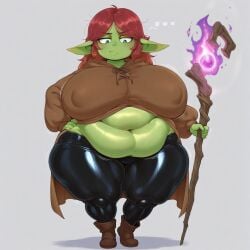 ai_generated belly belly_button big_breasts black_pants cape chubby cyan_eyes goblin goblin_female nipples_bulge oc original_character pointy_ears red_hair siioh slight_blush sweat thick_ass thick_thighs unamused
