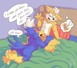 absurd_res anthro ass avian backsack balls bed blue_body blue_feathers blush canid canine duo english_text erection falco_lombardi feathers feet foreskin fox fox_mccloud fur furniture genitals hand_on_leg hi_res humor licking male male/male mammal narrowed_eyes nintendo on_bed oral penile penis penis_lick roarey_raccoon sex star_fox text tongue white_body white_fur worried_look yellow_body yellow_fur