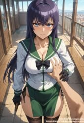 1boy ai_generated bangs black_gloves black_hair black_legwear black_panties black_thighhighs blue_eyes blue_sky blush bow bowtie breast_grab breasts clavicle cleavage closed_mouth clothing collarbone day english_text female female frown gloves grabbing grabbing_another's_breast green_sailor_collar green_skirt groping guided_breast_grab guiding_hand highschool_of_the_dead holding holding_sword holding_weapon indoors jousneystudio large_breasts legwear long_hair long_sleeves looking_at_viewer male miniskirt outdoors panties pelvic_curtain pleated_skirt pov_hands purple_hair saeko_busujima sailor_collar school_uniform serafuku shirt side-tie_panties skirt solo_focus standing straight string_panties sword thighhighs thighs underwear uniform v-shaped_eyebrows weapon white_shirt wooden_floor