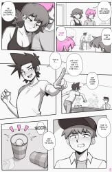 1girls 3boys beer_pong blush breasts dross english_text femboy freckles monochrome pink_hair short_hair spiky_hair tank_top text text_box