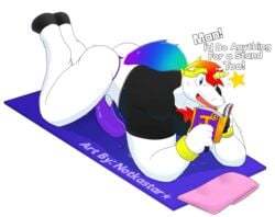 alpha_channel anthro ass bodily_fluids bulge clothed clothing dave_(character) dialogue equid equine exercise furry_only genitals hair hooves horn male male_only mammal muscular muscular_anthro muscular_male notkastar penis rainbow reading shirt solo sweat sweatband text thong topwear towel underwear unicorn workout wristband