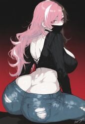 1girls ai_generated backless_outfit blush brown_hair butt_crack center_opening crop_top curvy heart-shaped_pupils heterochromia huge_ass huge_breasts kizirugai looking_at_viewer mouth_mask multicolored_hair neo_(rwby) pink_hair rwby sitting tagme thick_thighs torn_jeans wide_hips