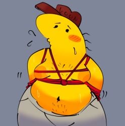 adult_swim blush_lines blushing blushing_at_viewer blushing_male bondage boxers charlie_(smiling_friends) charlie_dompler critter fat_male fat_man hat male male_only self_upload shibari shibari_bondage shirtless_male smiling_friends solo_male submissive_male sweatdrop sweating tied_up yellow_body