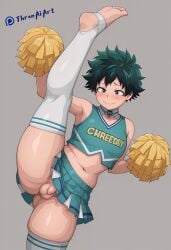 1boy ai_generated blush cheerleader chubby collar cute feet femboy feminine_male flexible freckles izuku_midoriya male_only my my_hero_academia navel patreon patreon_username pom_poms smiling stirrup_legwear thick thick_ass thick_thighs thronaiart wide_hips